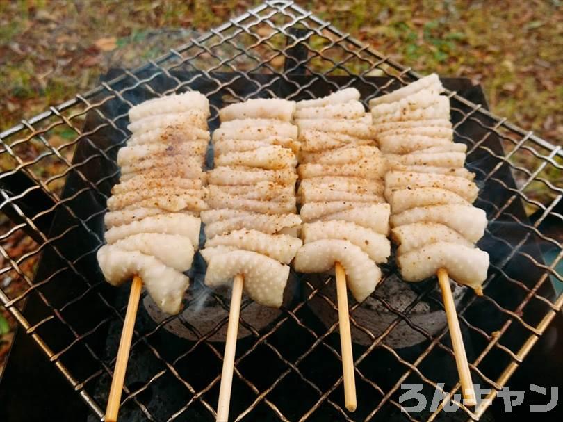 ロゴスの『エコココロゴス』（ミニラウンドストーブ4）を使ってキャンプで焼き鳥を焼く