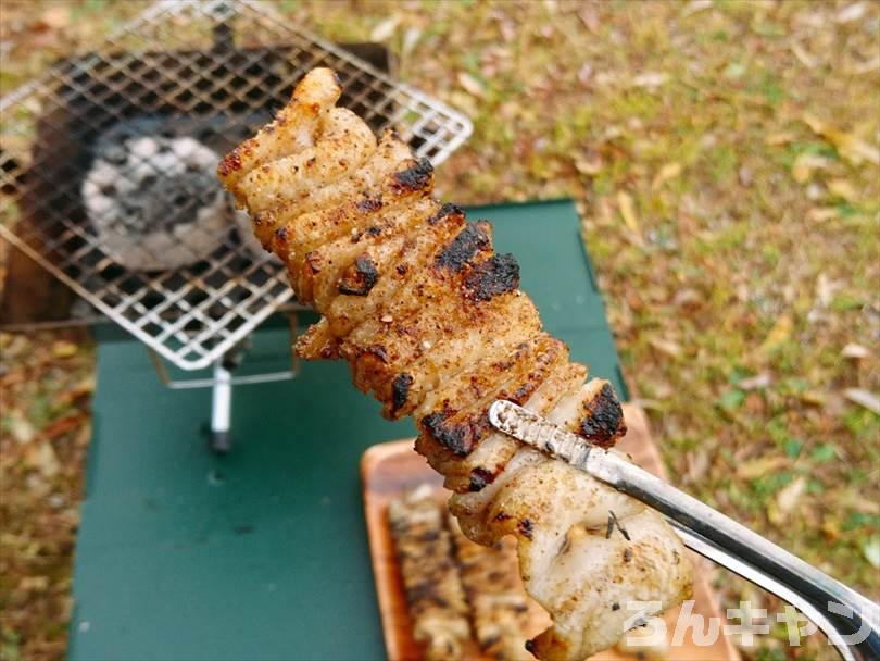 ロゴスの『エコココロゴス』（ミニラウンドストーブ4）を使ってキャンプで焼き鳥を焼く