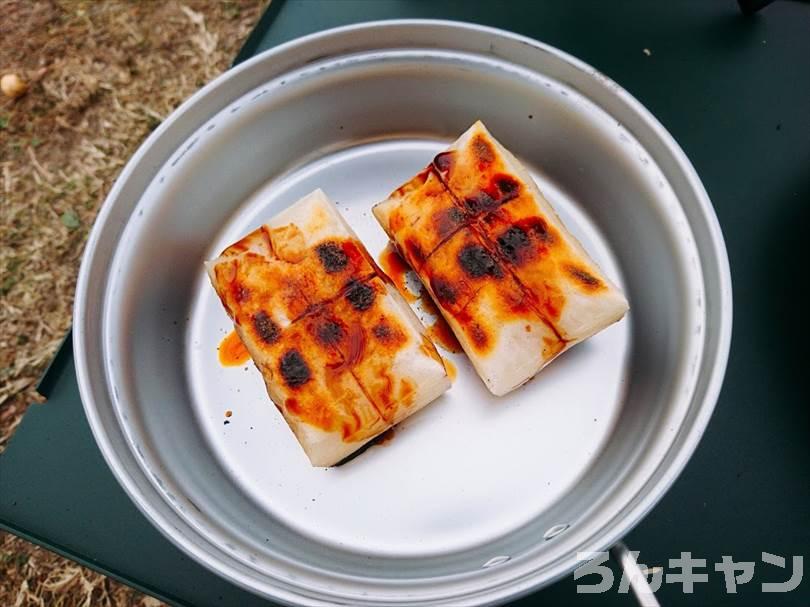 キャンプでお餅を焼いて磯辺焼きを食べる