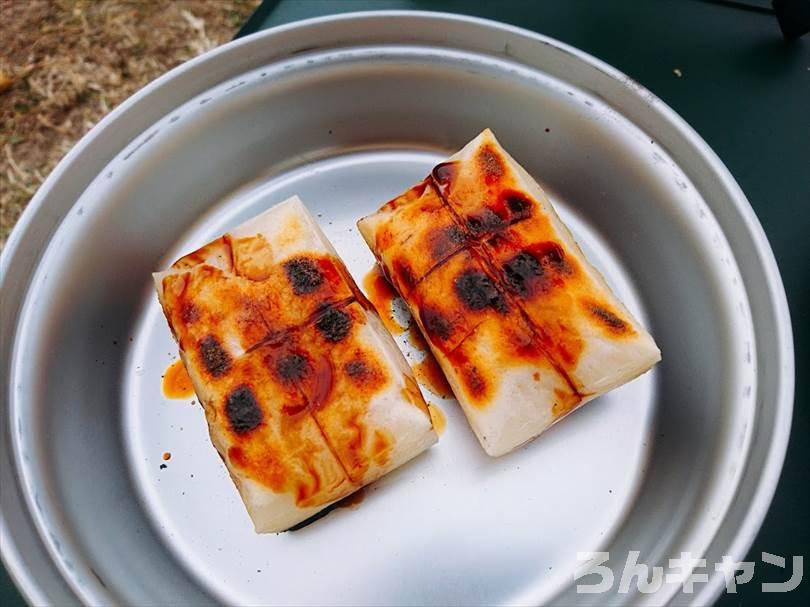 キャンプでお餅を焼いて磯辺焼きを食べる