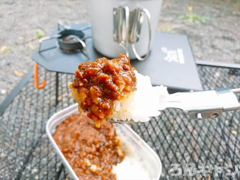 【お手軽キャンプ飯】無印良品のカレーを外で食べると100倍美味しい｜ジンジャードライキーマは生姜たっぷりでひき肉がゴロゴロ入ってスパイシー