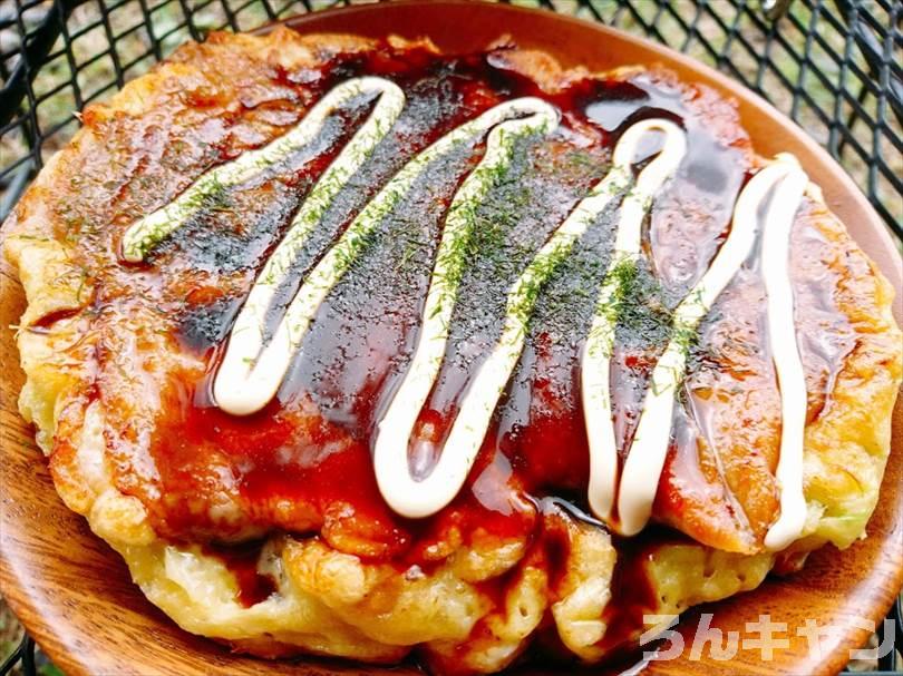 【簡単キャンプ飯】お好み焼きをフライパンで焼く｜　千切りキャベツを使って楽チン（ふわふわ美味）