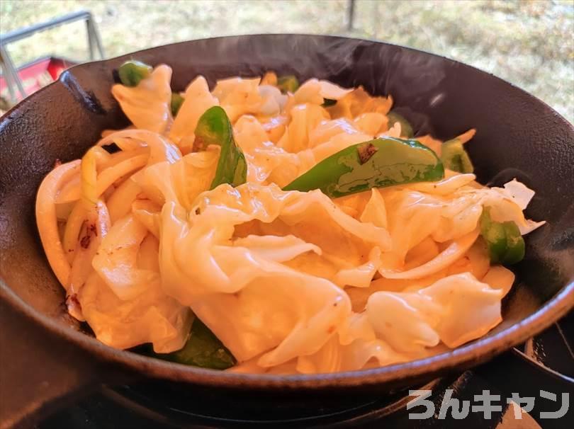 【簡単キャンプ飯】肉野菜炒めをスキレットで作る｜ほりにし辛口のピリ辛が美味しい