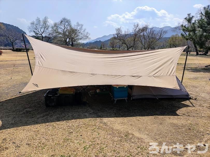 【涼しい】春夏キャンプのレイアウト｜TCタープの下にドームテントを設営して日差し対策